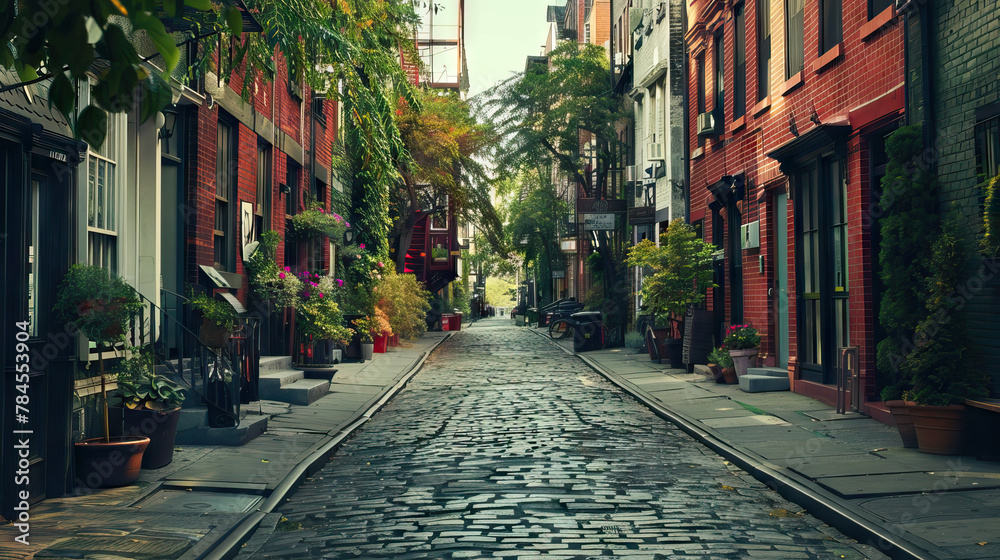 Obraz premium Nostalgia Alley: Quaint Cobblestone Street in the 1990s