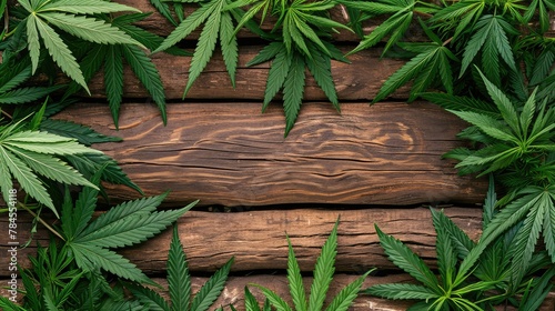 Background of a wooden log with marijuana leaves on the sides as a frame. Top view. AI generative.