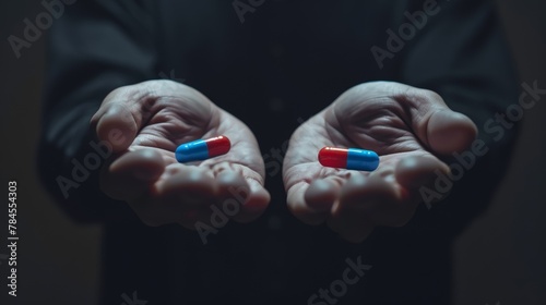 mysterious man give Red and blue pills on two hand isolated on black background, photo