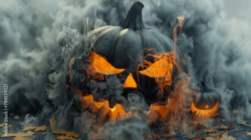 Halloween pumpkin decoration with smoke background. 3D rendering.