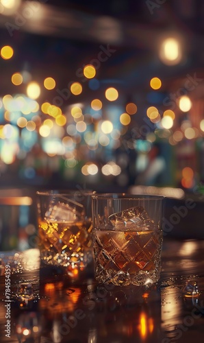Two whiskey glasses on a bar with warm bokeh lights in the background © StasySin