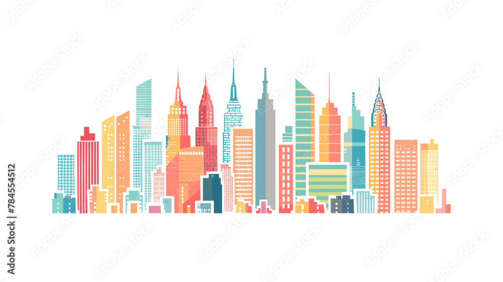 Vector illustration of city skyline with modern buildings in a simple, flat design clip art style on a white background
