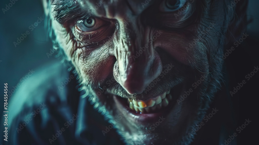 Fototapeta premium Grim Grin: Man with Jagged Smile, Lurking in the Shadows.