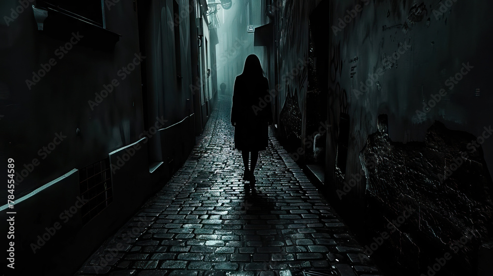 Shadowy Specter: Woman in Dark Alley, Watching from the Shadows