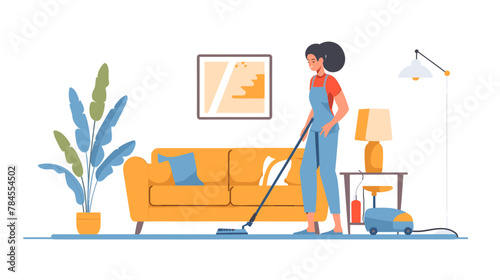 Woman is cleaning the living room with a broom and duster in a simple, flat vector illustration against a white background