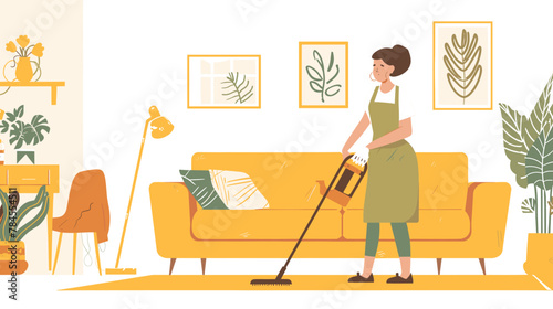 Woman is cleaning the living room with a broom and duster in a simple, flat vector illustration against a white background