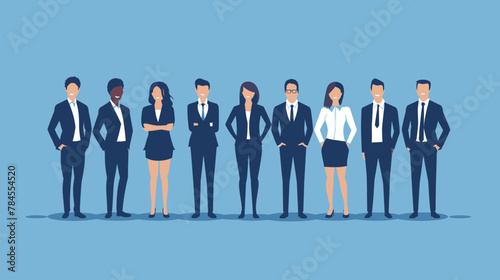 Business team of men and women in suits standing together on blue background vector illustration