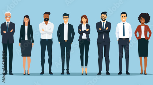 Business team of men and women in suits standing together on blue background vector illustration