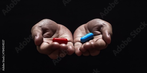 mysterious man give Red and blue pills on two hand isolated on black background,