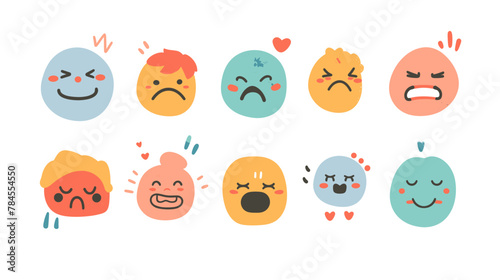Set of cute, funny, happy and sad face emoji symbols depicting various emotions