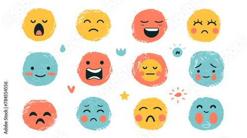 Set of cute, funny, happy and sad face emoji symbols depicting various emotions
