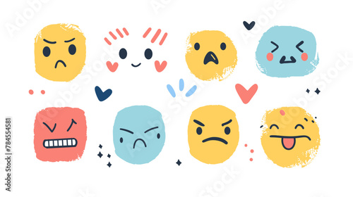 Set of cute, funny, happy and sad face emoji symbols depicting various emotions