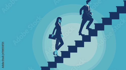 A man and woman in business attire walking up the stairs, vector illustration with a blue background.