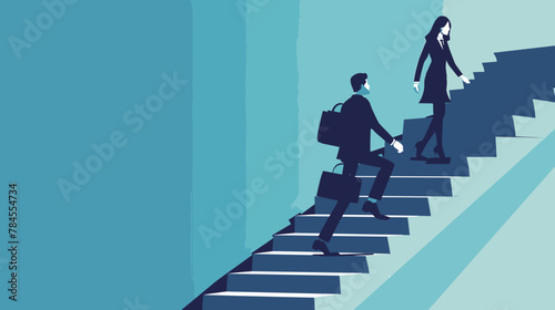 A man and woman in business attire walking up the stairs, vector illustration with a blue background.