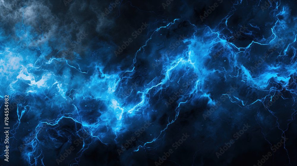 Abstract background of glowing blue lightning bolts in a dark stormy sky.