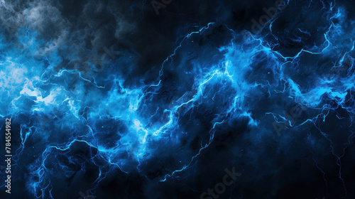 Abstract background of glowing blue lightning bolts in a dark stormy sky.