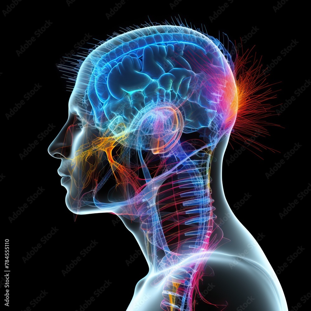MRI scan of a human head showing the brain and nervous system MRI scan of a human head showing the brain and nervous system