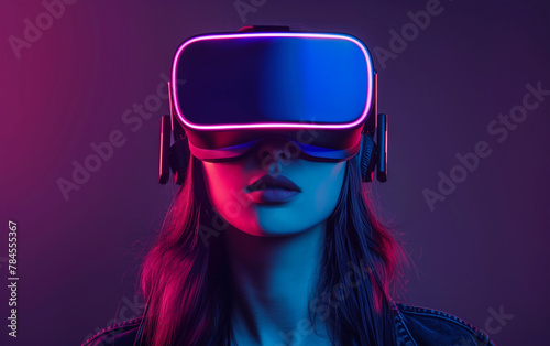 Woman wearing a futuristic VR headset, surrounded by neon colors - Virtual Reality Experience, Neon Technology. © melhak