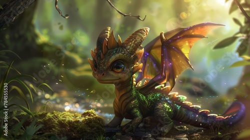 In the heart of an enchanted forest  amidst the lush greenery and sparkling streams  there resides a super cute rainbow little baby dragon.