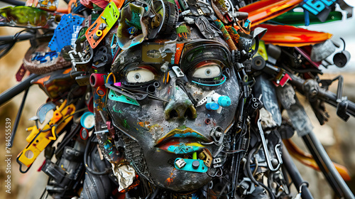 Absurd Artistry: Person in Odd Attire, Creating Sculptures from Recycled Junk.