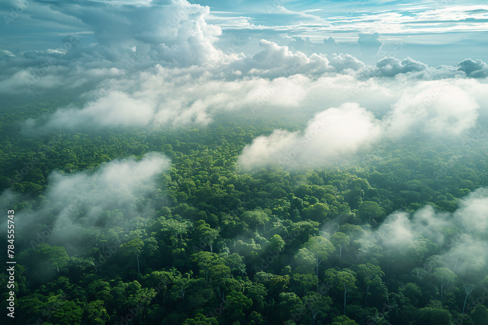 Lush green forest under cloud cover. Nature's role in carbon capture and climate action. Sustainable forest. Dense green trees absorbing CO2. Natural carbon sink. Carbon credits and sustainability.