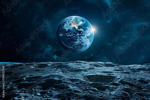 Earth rising over the moon, iconic aerospace photography of our blue planet. Iconic view of Earth rising over lunar. Our blue planet from the moon's surface. symbol of hope and exploration in space.