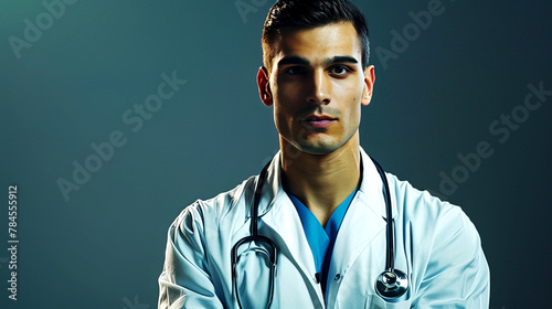 Determined male doctor in a white coat, staring intently, with a focused expression photo