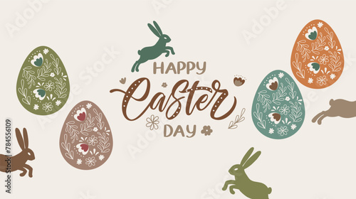 Happy Easter day greeting horizontal banner, cards, posters, holiday covers. Poster template with bunny, spring flowers and Easter eggs. Trendy design with lettering. Modern art minimalist style. (ID: 784556109)