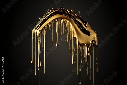 Golden liquid dripping on a dark background, creating a luxurious, abstract, and artistic effect