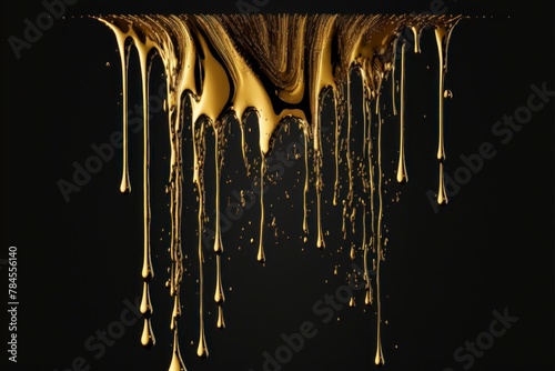 Golden liquid dripping on a dark background, creating a luxurious, abstract, and artistic effect