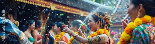 Vibrant Thai New Year celebration women in traditional dresses photo