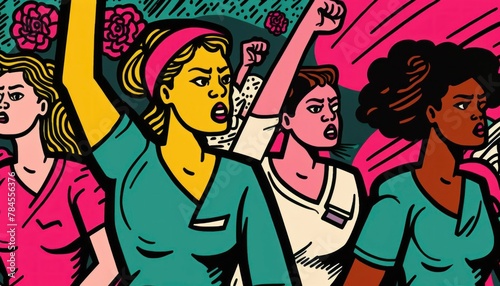 Bold, vibrant illustration of women marching and raising fists in solidarity, capturing the spirit of empowerment and activism