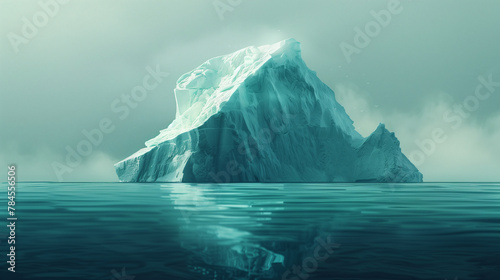 A serene scene of a large iceberg with visible underwater mass, floating in a tranquil sea under a cloudy sky.