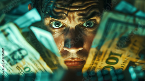 Close-up of a distressed man's face with intense eyes, surrounded by a chaotic flurry of hundred dollar bills.