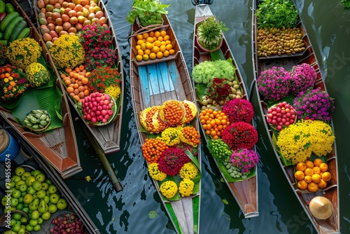 A group of boats carrying an abundance of various fresh fruits and vegetables, ready to be delivered to marketplaces or restaurants
