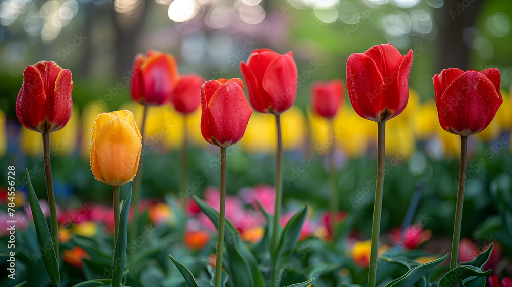 Fototapeta premium Vibrant Bloom: Red and Yellow Tulips in Spring