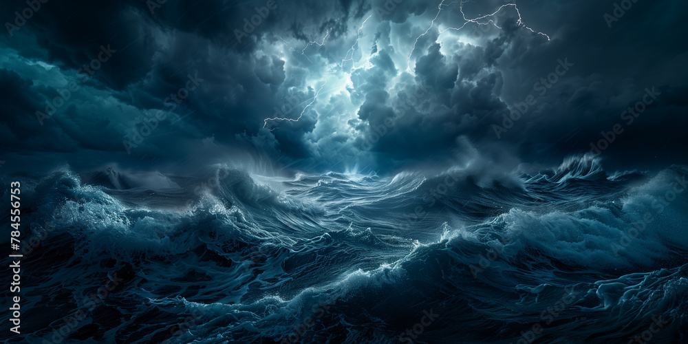 Witness nature's fury depicted in digital illustration as tumultuous ocean waves clash under a stormy sky, where lightning bolts illuminate the scene amidst the intense energy of thunderclouds.