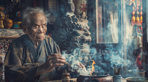 Ancient Devotion: Asian Elder with Incense, Honoring Ancestral Traditions.