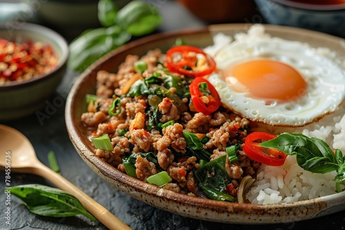 Basil minced pork with rice, topped with fried egg, homestyle photo