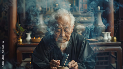 Ancient Devotion: Asian Elder with Incense, Honoring Ancestral Traditions.