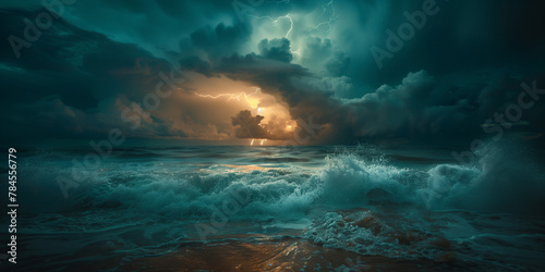 Experience the raw power of nature in digital art, depicting tumultuous ocean wave crashing under a stormy sky, electrified by lightning strikes and resonating with the intense energy of thundercloud. © NaphakStudio