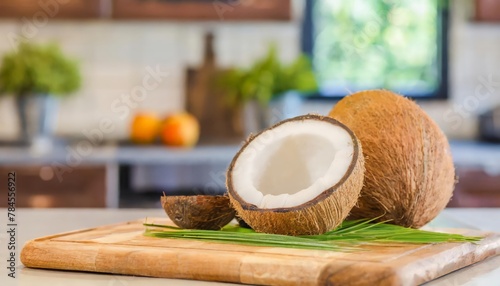 A selection of fresh fruit: coconut, sitting on a chopping board against blurred kitchen background; copy space 