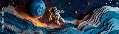 Artistic paper cut astronaut floating, beautiful planet below, space theme, copy space