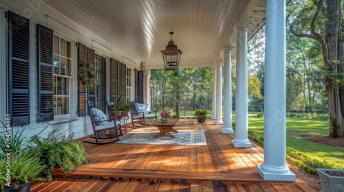 Cozy Front Porch with Light Brown Wood Floor, White Columns, and Classic Charm