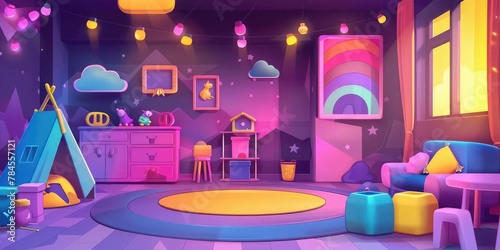 
cartoon background for kids, play room with toys. kids mobile game purple colors
