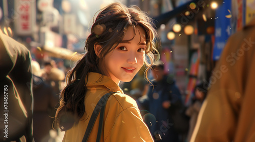 Amidst the colorful bokeh lights of a winter evening, a young Korean woman's portrait captures her radiant smile. © NaphakStudio