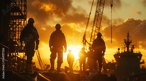 Dramatic wide shot of ironworkers, silhouetted in the early morning light on a job site