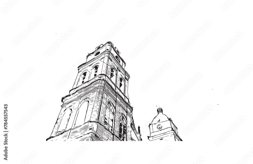 Print Building view with landmark of Santa Cruz de la Sierra is the city in eastern Bolivia. Hand drawn sketch illustration in vector.