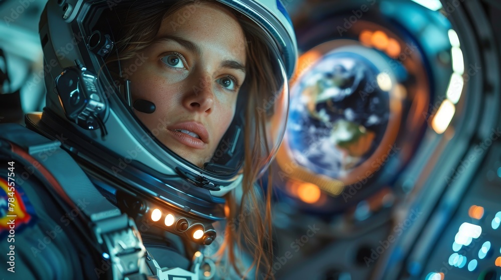 Inweightless female astronaut inside spaceship against background of porthole. Female cosmonaut works on control panel of space station. Hologram of Earth on virtual monitor.