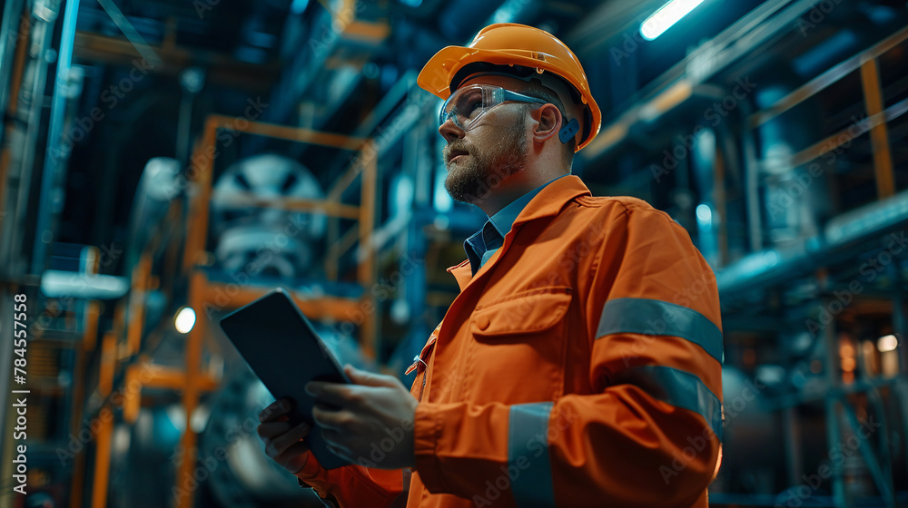 Factory digitalization in action, engineers with tablet, industrial workspace, text space Factory digitalization in action, engineers with tablet, industrial workspace, text space